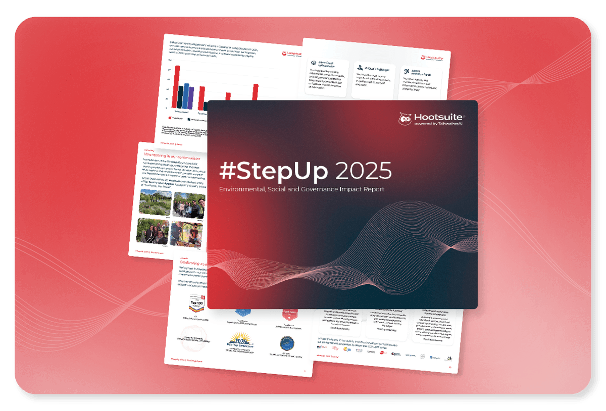 Hootsuite #StepUp 2025 Environmental, Social and Governance Impact Report cover and interior pages displayed as a collage.
