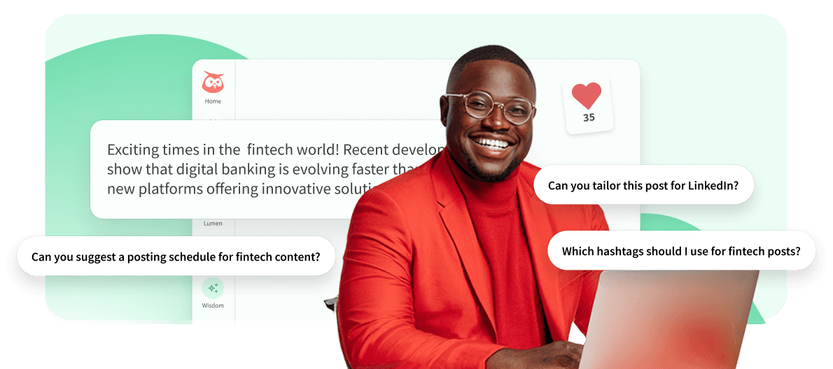 A smiling man in a red blazer uses a laptop, surrounded by social media and fintech content prompts on a light background.