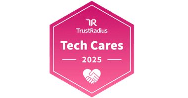 Pink hexagonal TrustRadius Tech Cares 2025 badge with a white heart icon at the bottom.