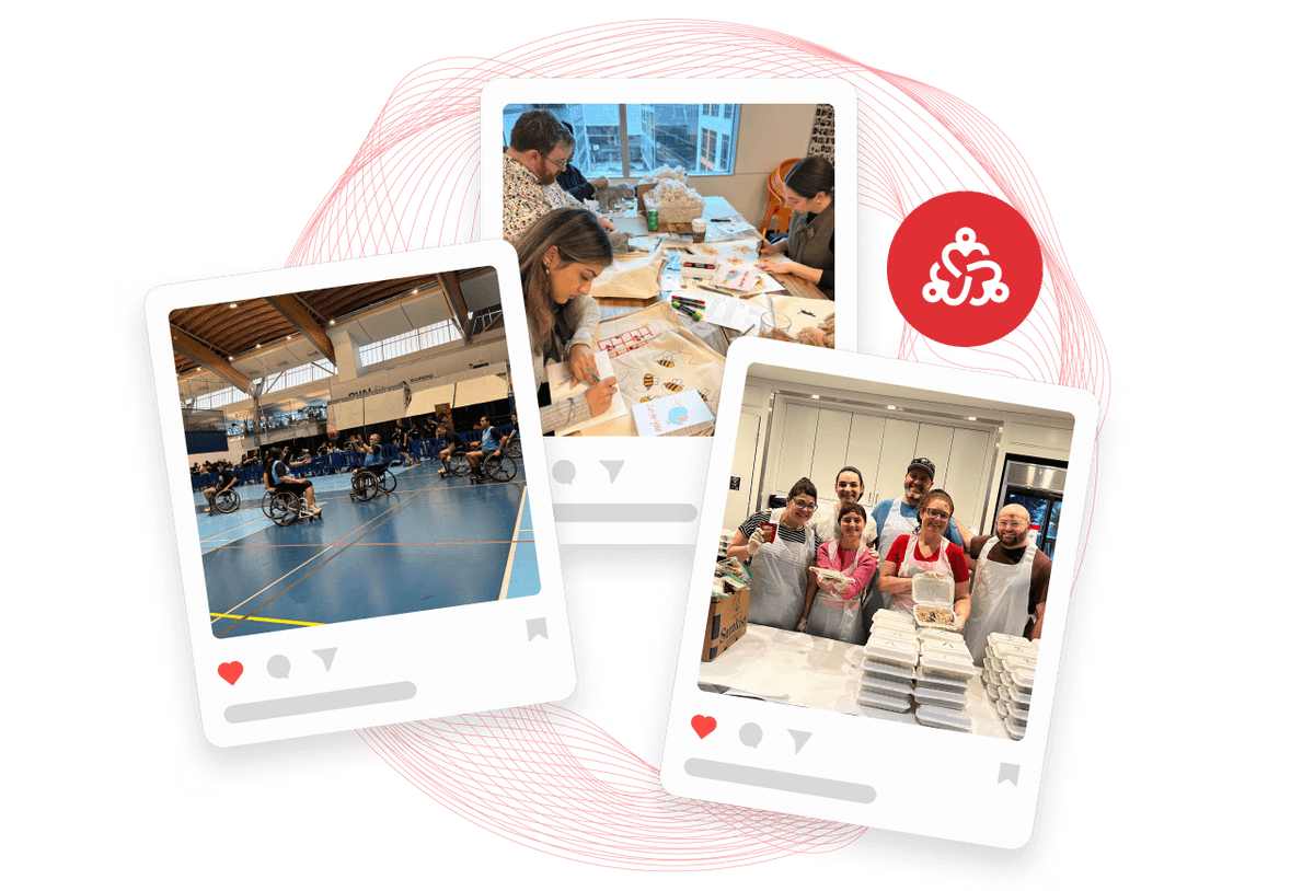 Three community photos: wheelchair basketball game, people crafting, and a group preparing meals in a kitchen.