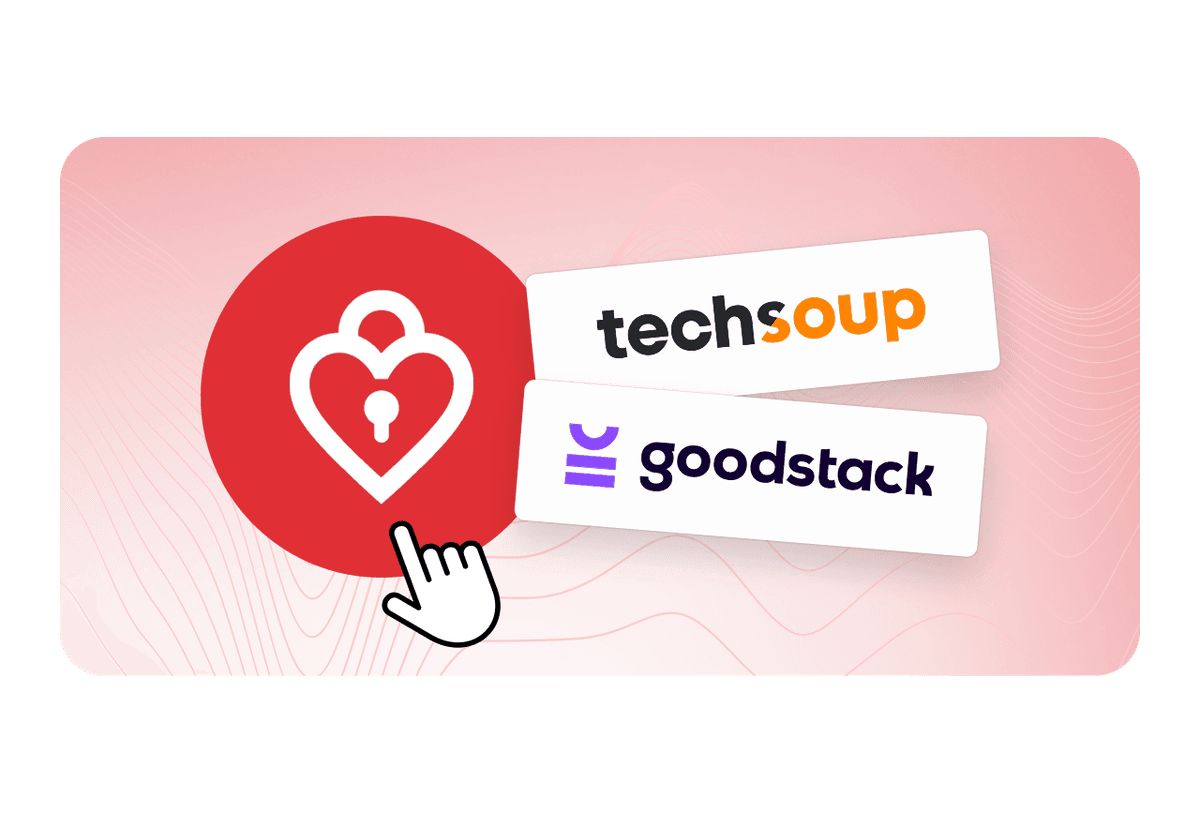 A red heart-lock icon with a cursor pointing at it, alongside TechSoup and Goodstack logos on a pink background.
