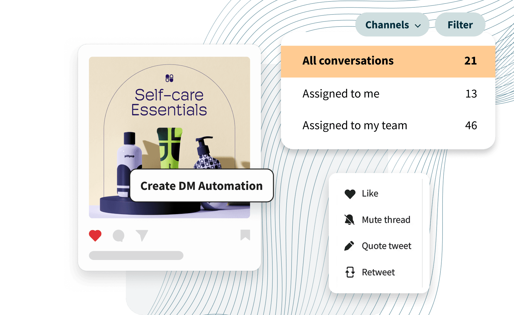 UI mockup showing a social media DM automation tool with a self-care product post, comment replies, and scheduled posts panel.